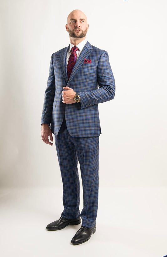 Finest Italian Luxe Blue Pattern Modern Fit Suit 2 Button