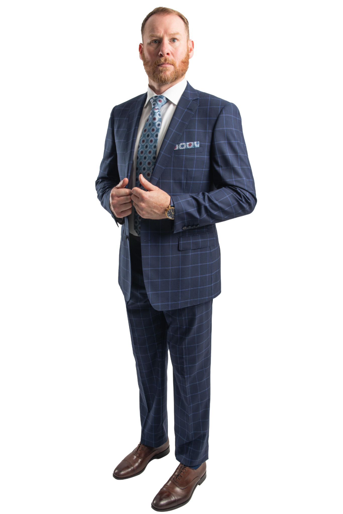 Premium 100% Wool Italian - Navy Windowpane Suit