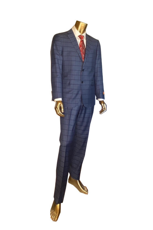 Premium 100% Wool Italian - Navy Windowpane Plaid Suit