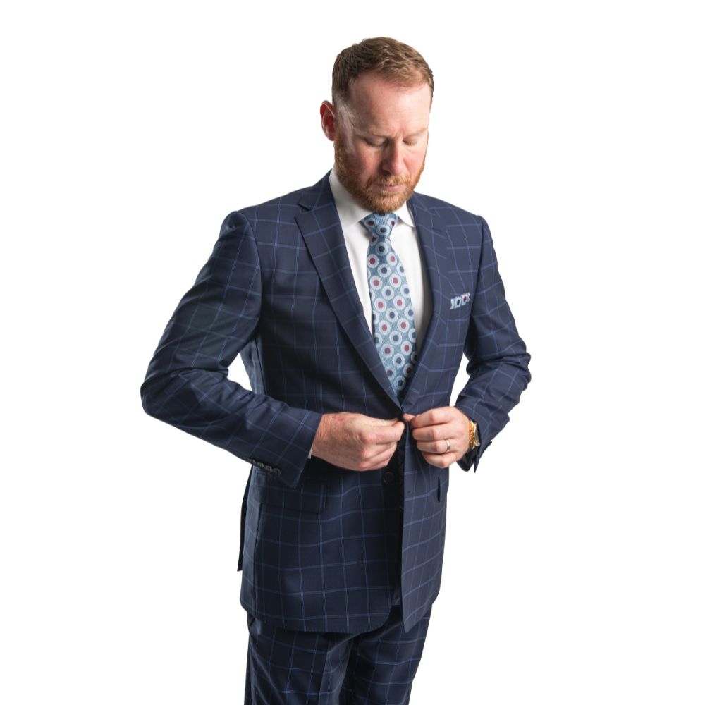 Premium 100% Wool Italian - Navy Windowpane Suit