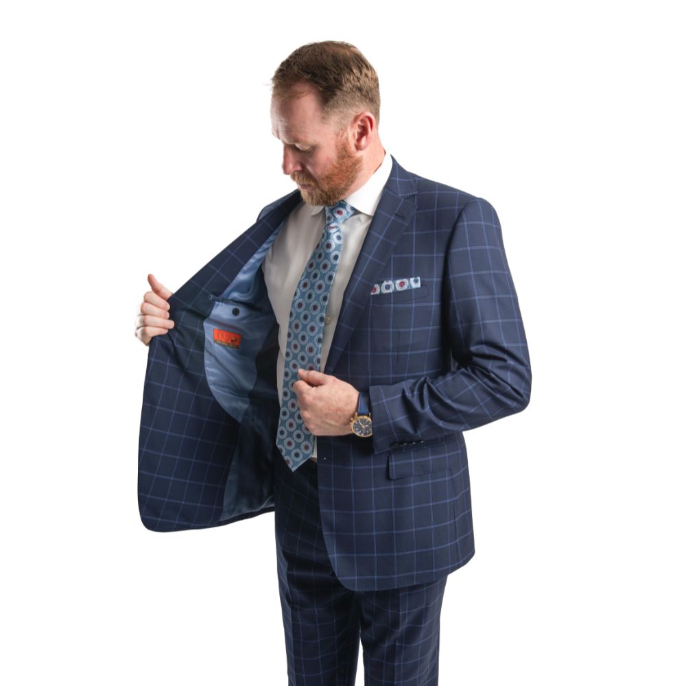 Premium 100% Wool Italian - Navy Windowpane Suit