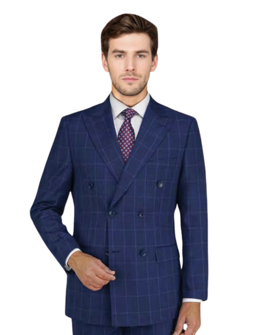 Superfine 100% Wool - Navy Blue Windowpane Suit
