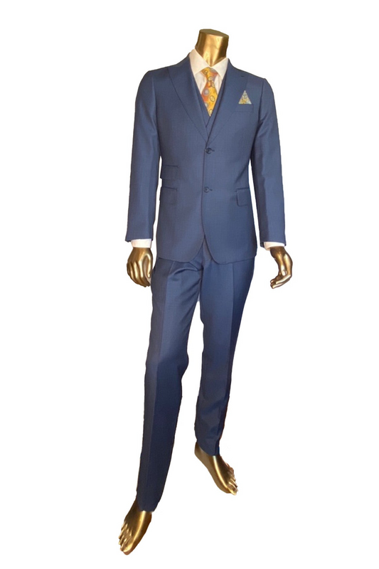 Superfine 100% Wool - 3 Piece Suit Blue Tic