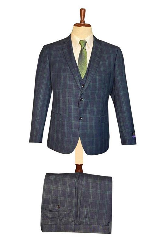 Classic Italian Cut - 3 Piece Suit Blue & Green Plaid & Vest