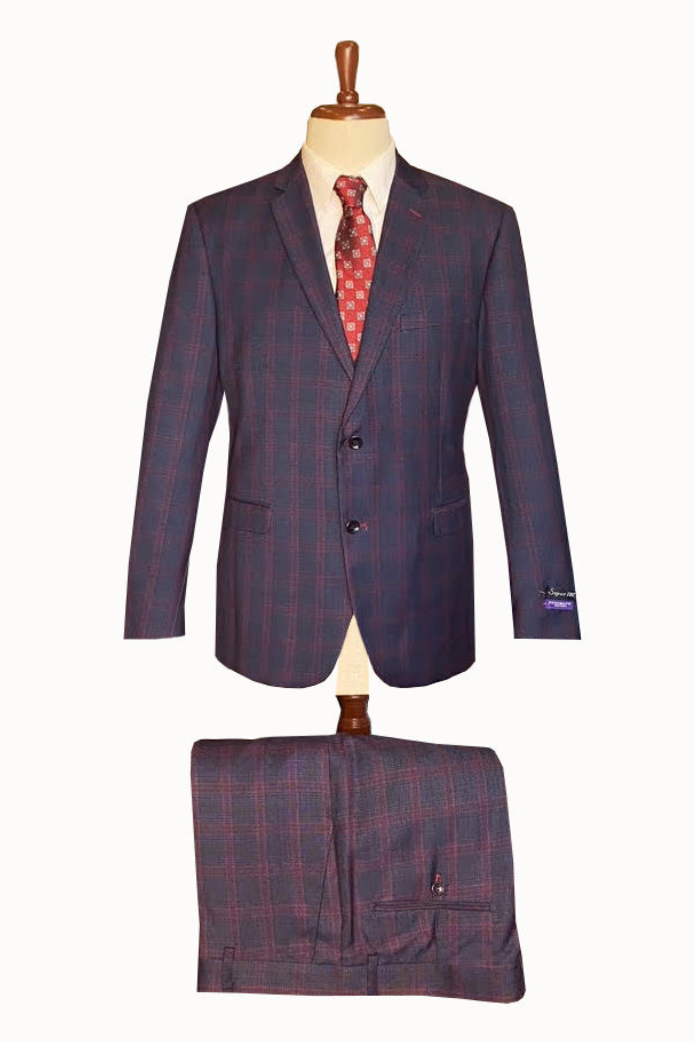 Classic Italian Cut - 3 Piece Suit Navy Burgundy Plaid Vest