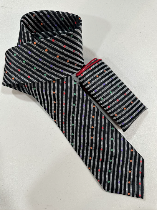 XL Designer Tie - Black Stripe & Polka Dot