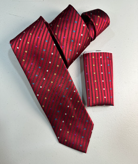 XL Designer Tie - Red Stripe & Polka Dot