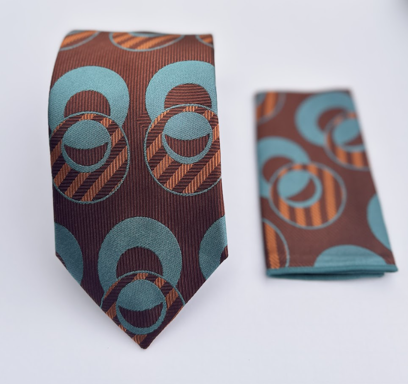 XL Designer Tie - Brown & Blue Circle