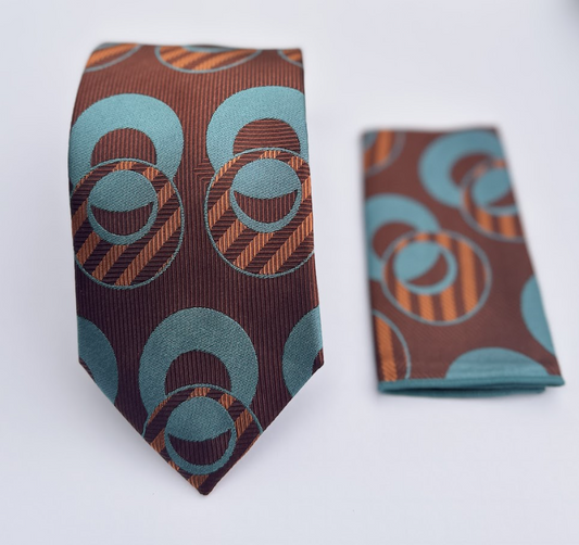 XL Designer Tie - Brown & Blue Circle