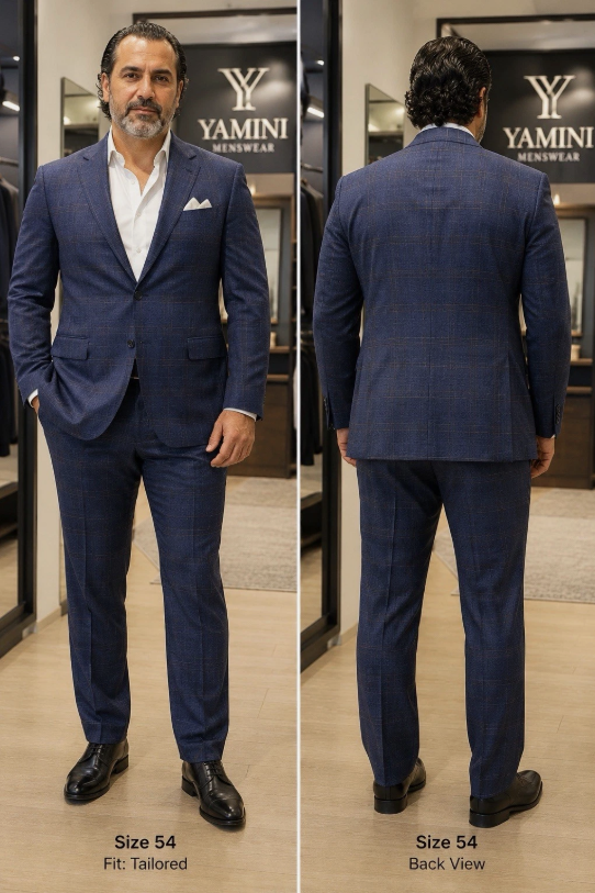 MENS 50R/44W single breasted Navy Windowpane 2 piece, Classic Fit Formal Elegant