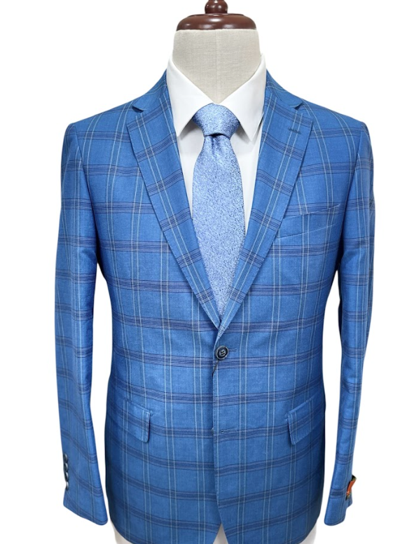 Premium 100% Wool Italian - Blue Windowpane Suit