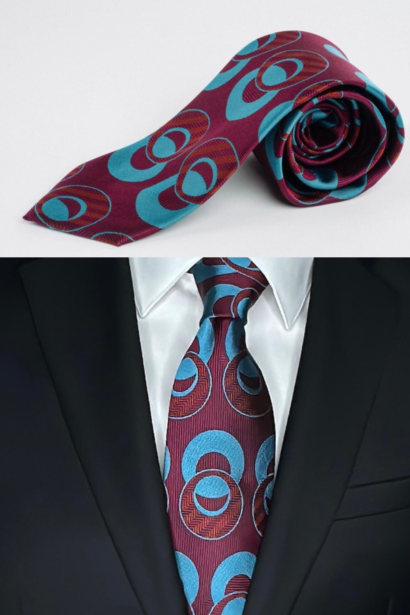 XL Designer Tie - Burgundy & Blue Circle