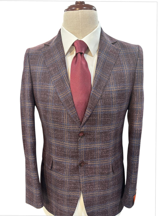 Premium Wool Italian - Blazer - Burgundy Windowpane