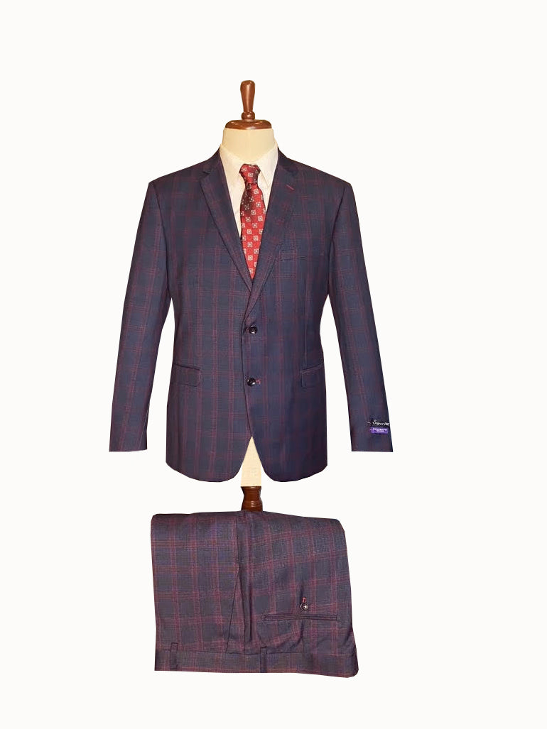 Classic Italian Cut - 3 Piece Suit Navy Burgundy Plaid Vest