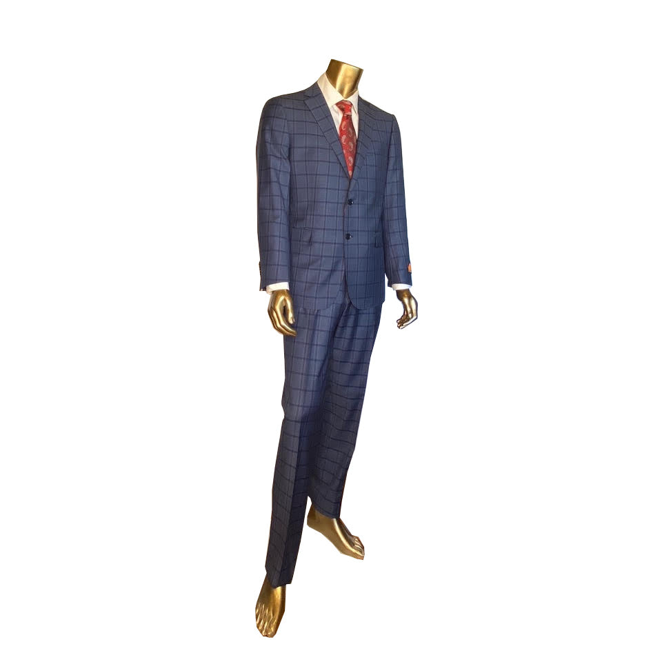 Premium 100% Wool Italian - Navy Windowpane Plaid Suit