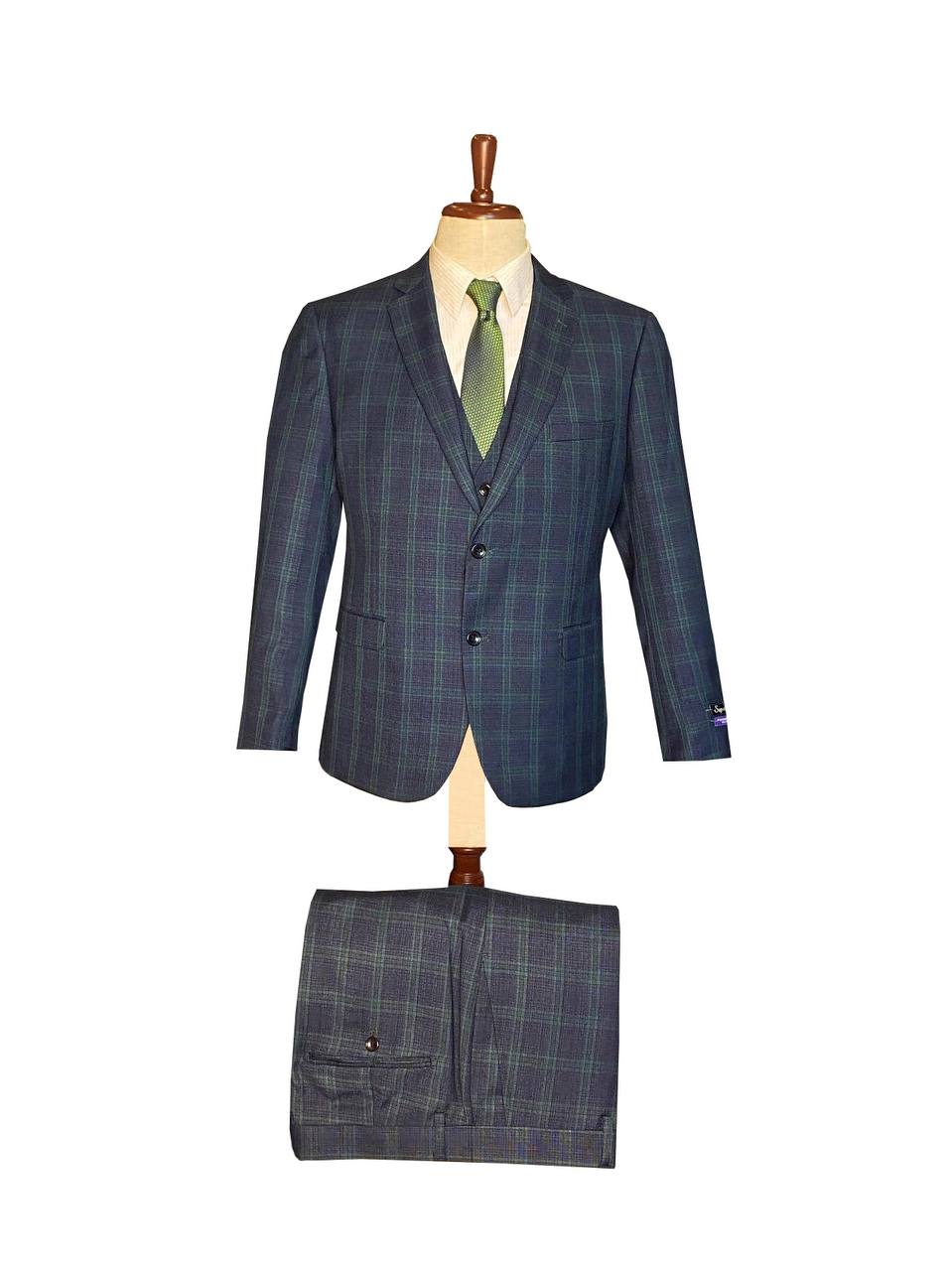Classic Italian Cut - 3 Piece Suit Blue & Green Plaid & Vest