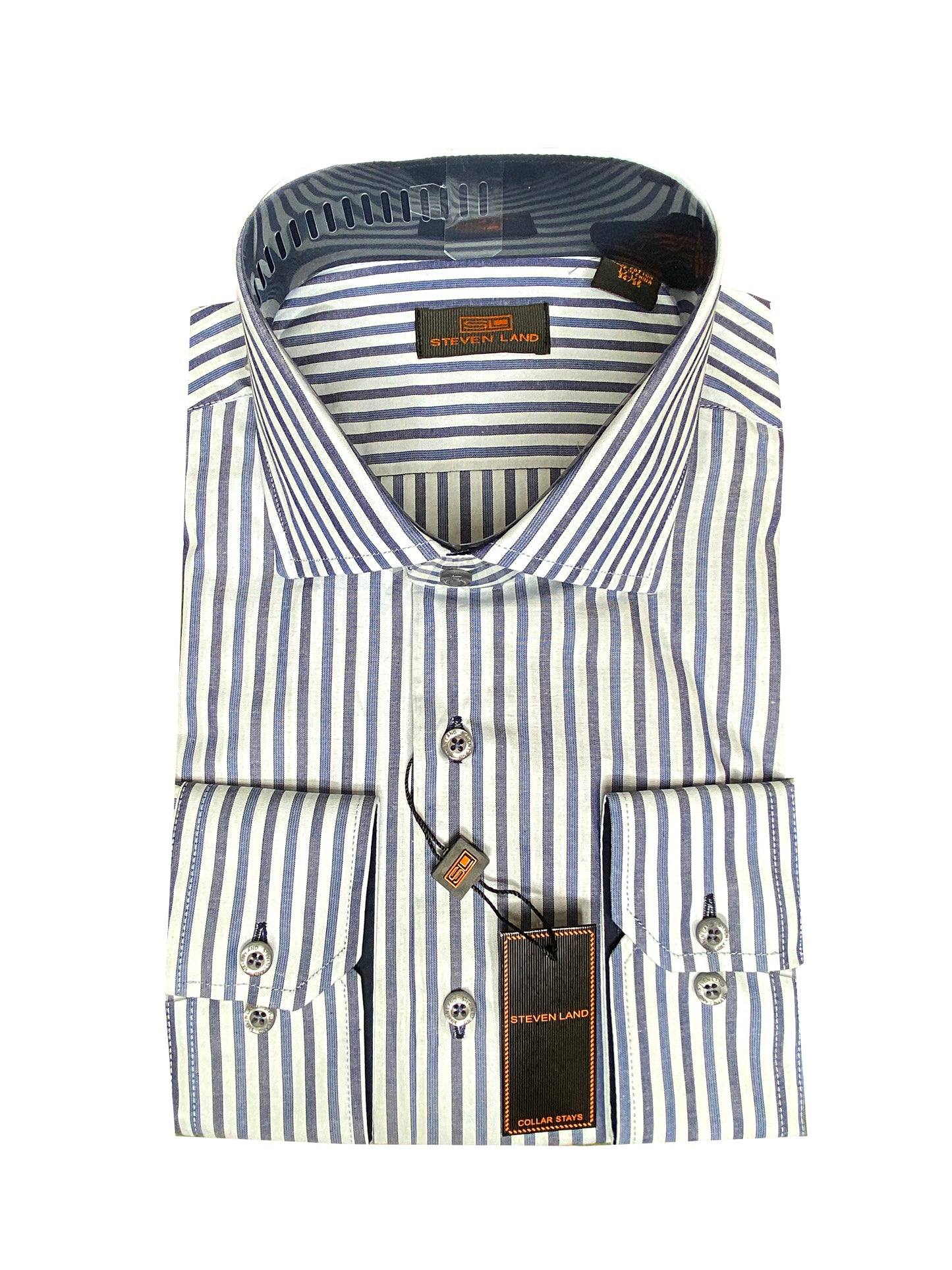 Steven Land - Classic Cuff Dress Shirt - Blue & Charcoal Stripe
