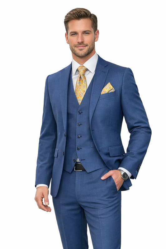Superfine 100% Wool - 3 Piece Suit Blue Tic