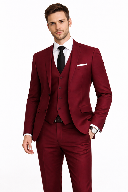 Vintage-Inspired Men's Fashion - Slim Fit Burgundy Suit