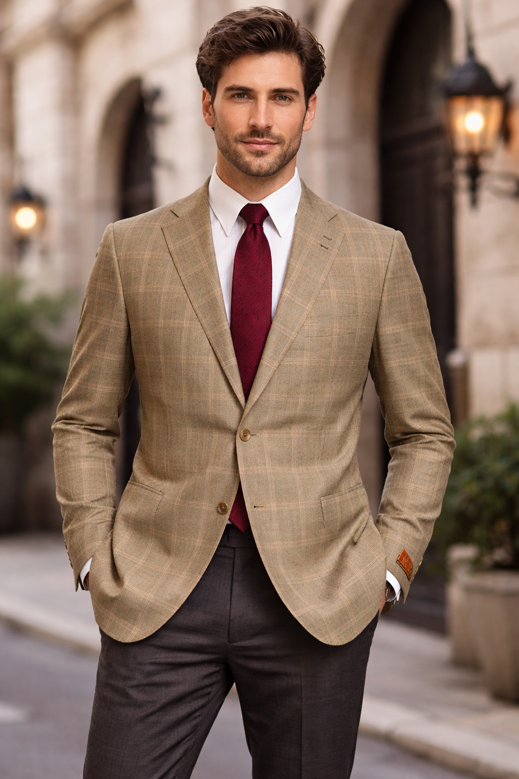 Premium Wool Italian - Modern Fit Blazer Tan Plaid