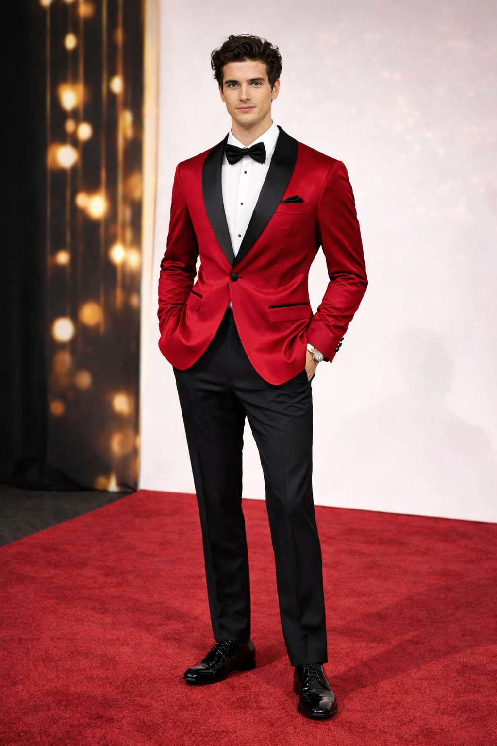 Formal Velvet Tuxedo Jacket with Black Pants & Bow Tie