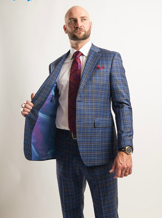 Elegant Luxe Italy Blue Pattern Modern Fit Suit Jacket 2 Button
