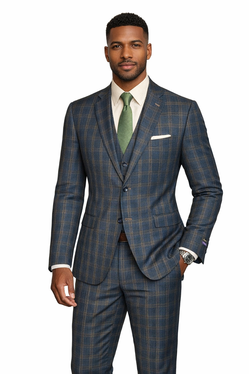 Pavarotti - 3piece Suit Navy & Taupe Plaid & Vest