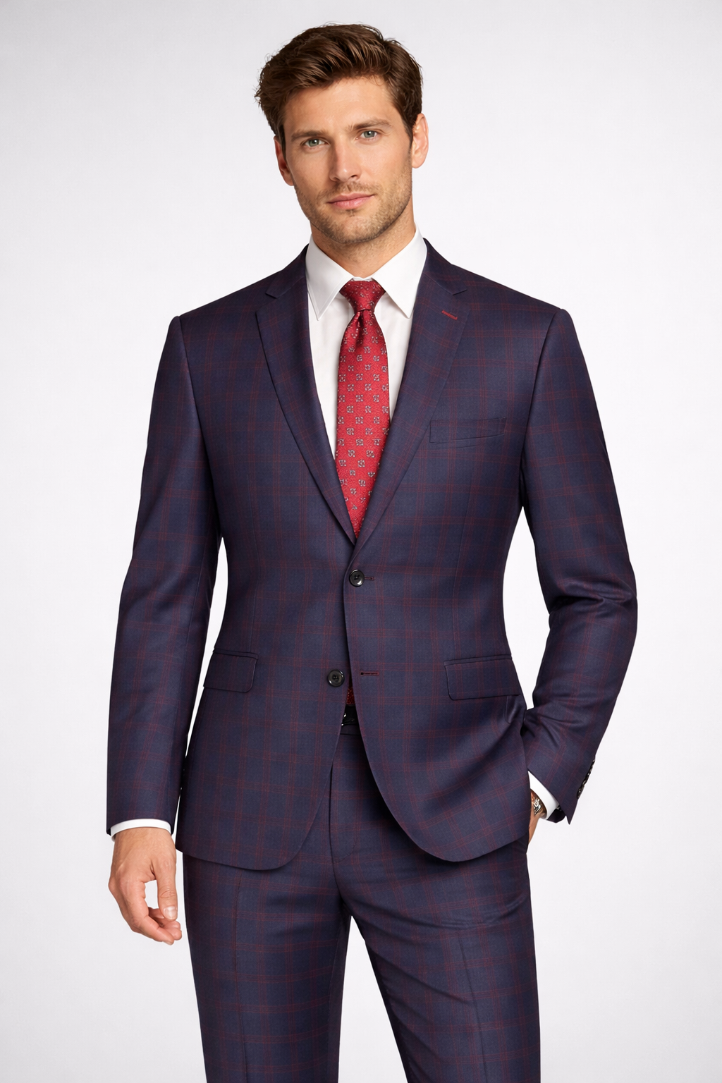 Classic Italian Cut - 3 Piece Suit Navy Burgundy Plaid Vest