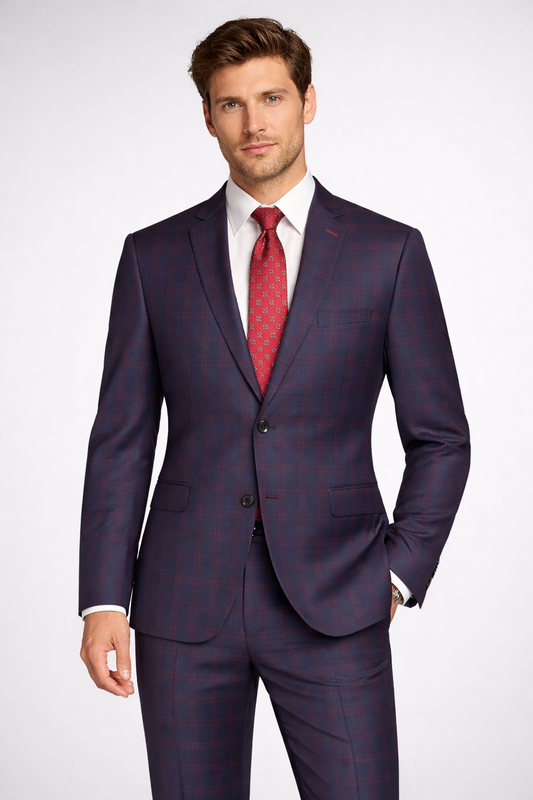 Classic Italian Cut - 3 Piece Suit Navy Burgundy Plaid Vest