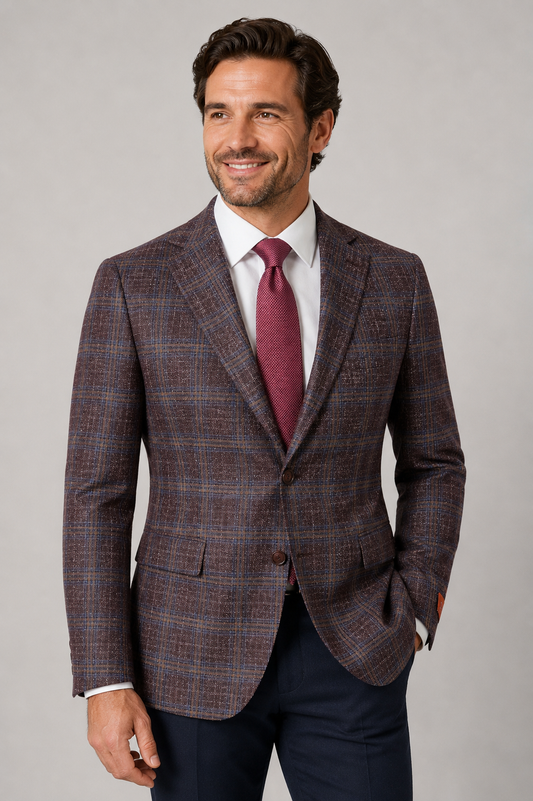 Premium Wool Italian - Blazer - Burgundy Windowpane