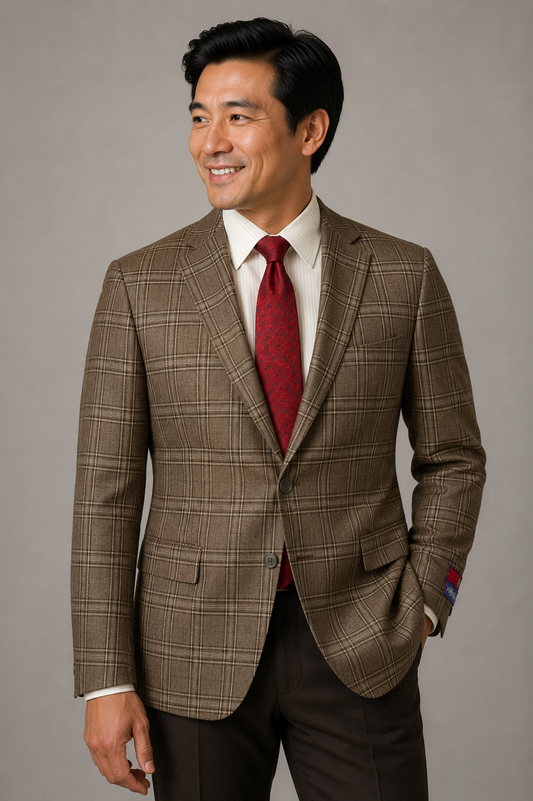 Superfine Wool - Classic Fit Blazer Forest Green & Brown Plaid