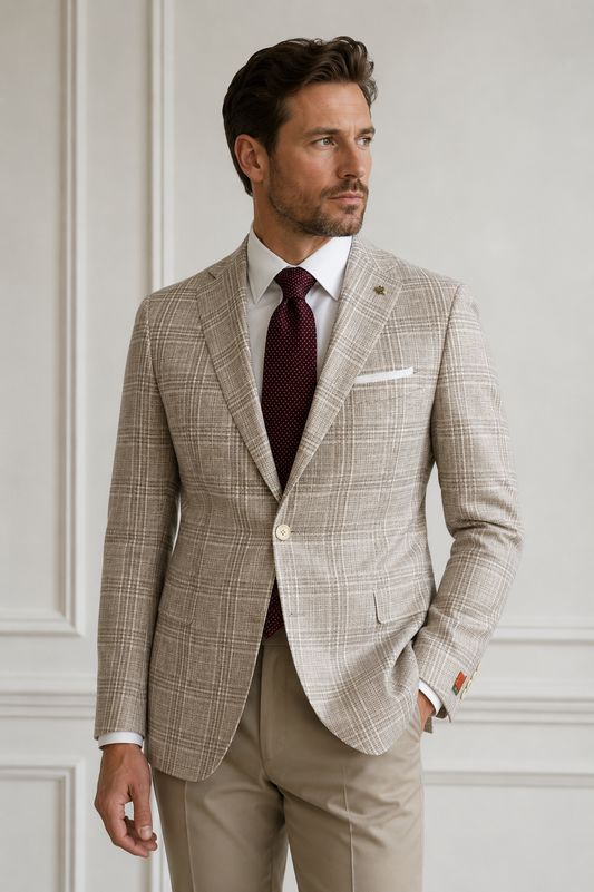 Premium Wool Italian - Blazer - Taupe Plaid