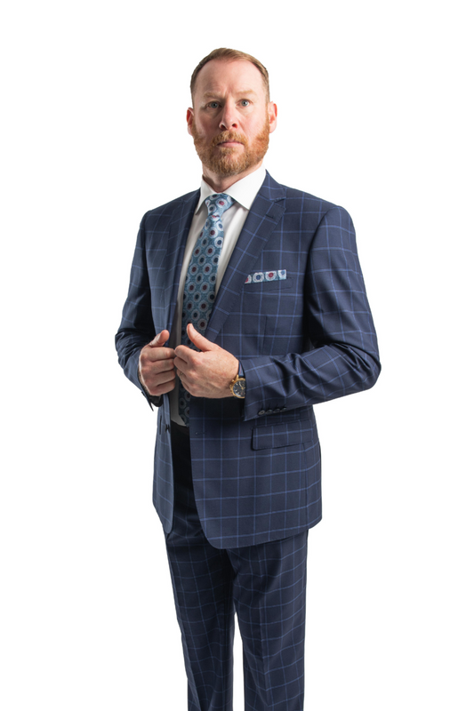 Premium 100% Wool Italian - Navy Windowpane Suit