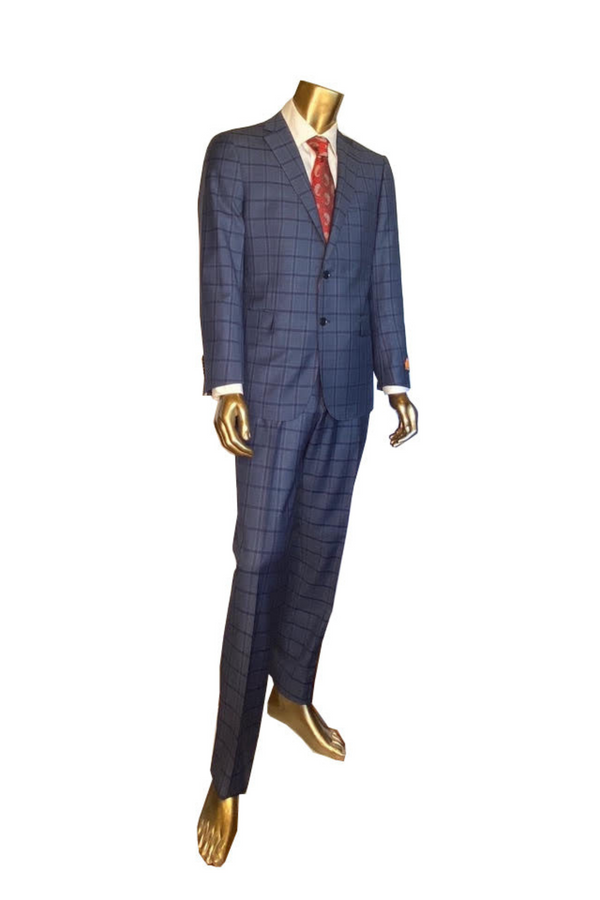 Enzo Brand Navy Windowpane Plaid Suit