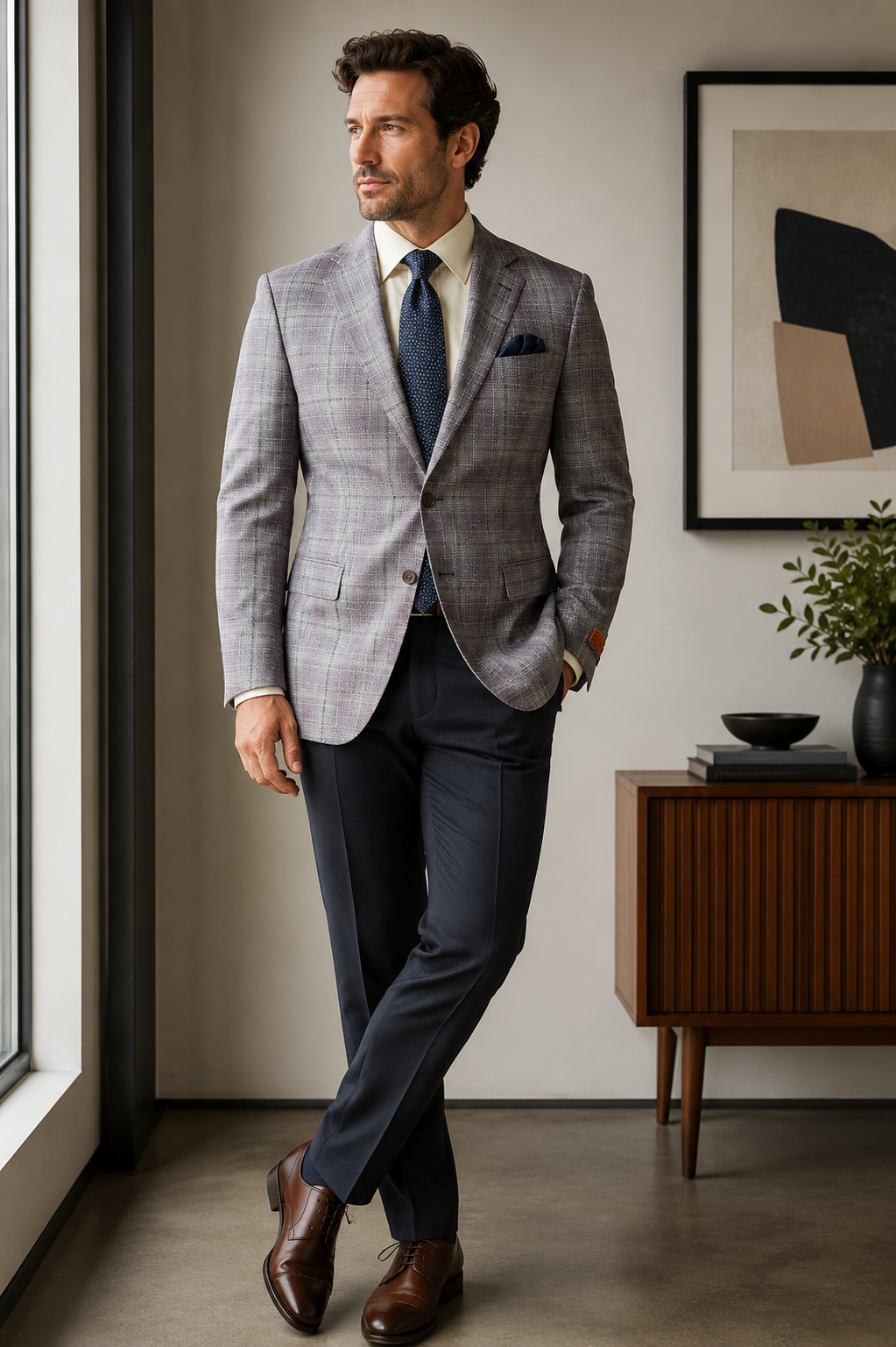 Premium Wool Italian - Blazer - Lavender Windowpane