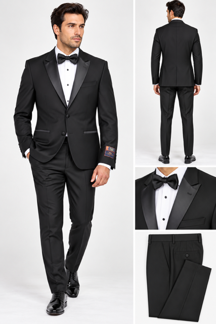 Men’s Black Tuxedo, Size 40 Regular Slim Fit, featuring a classic satin notch lapel, two-button front, satin-trimmed pockets, and matching black dress pants for a sharp, elegant formal look
