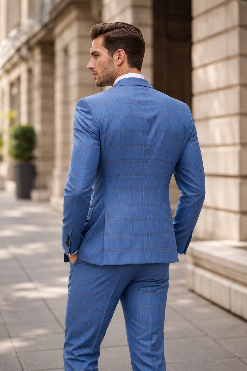 Premium 100% Wool Italian - Blue Windowpane Suit