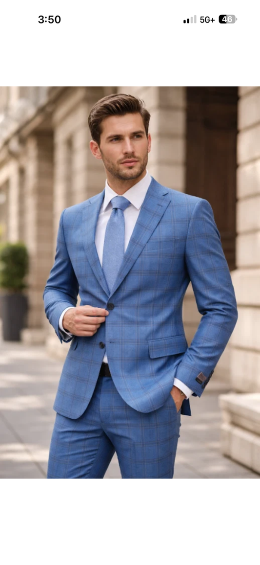 Premium 100% Wool Italian - Blue Windowpane Suit