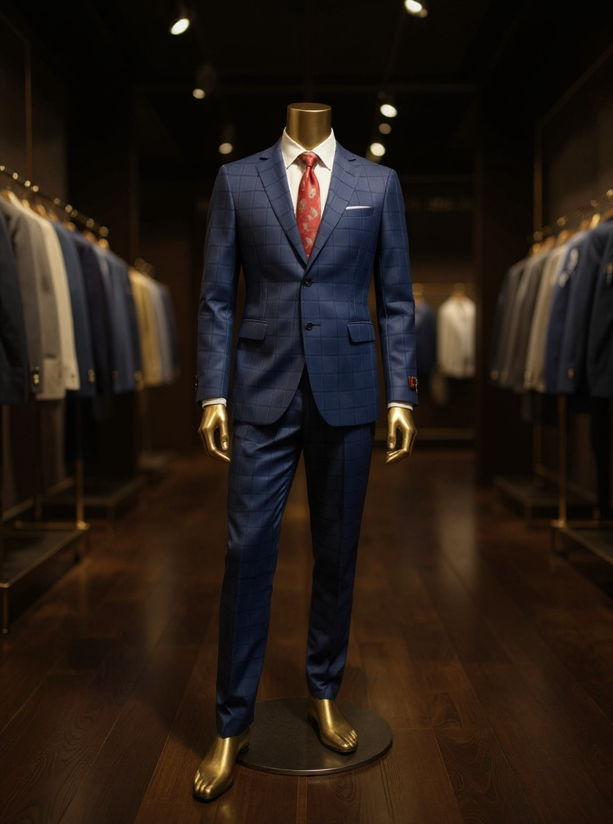Premium 100% Wool Italian - Navy Windowpane Plaid Suit