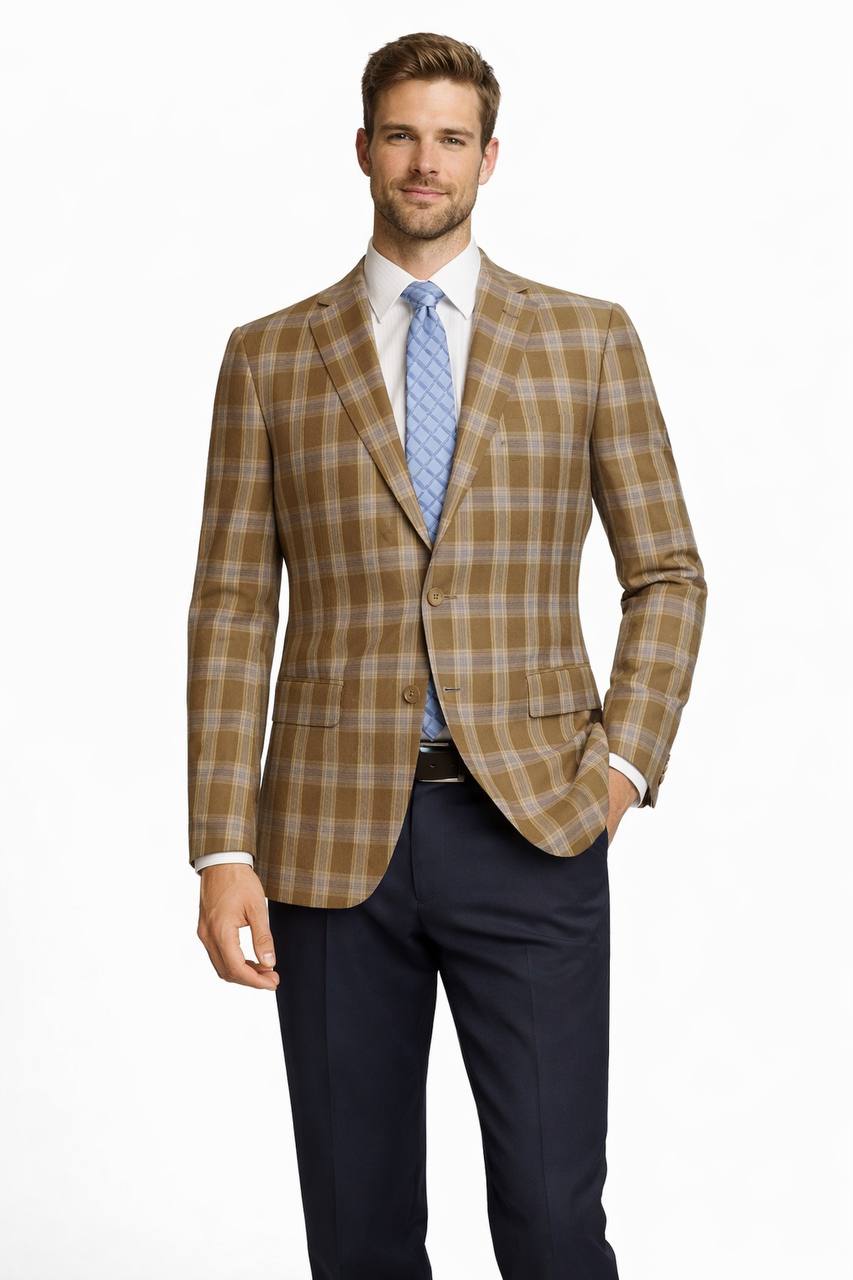 Premium Wool Italian - Classic Fit Blazer Tan Plaid