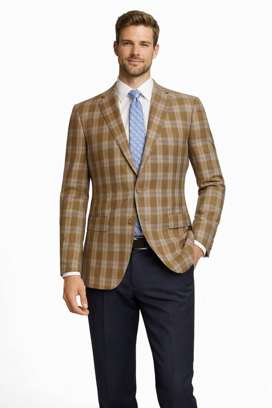 Premium Wool Italian - Classic Fit Blazer Tan Plaid