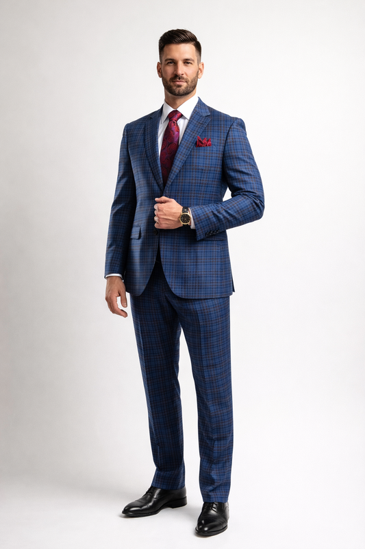 Finest Italian Luxe Blue Pattern Modern Fit Suit 2 Button