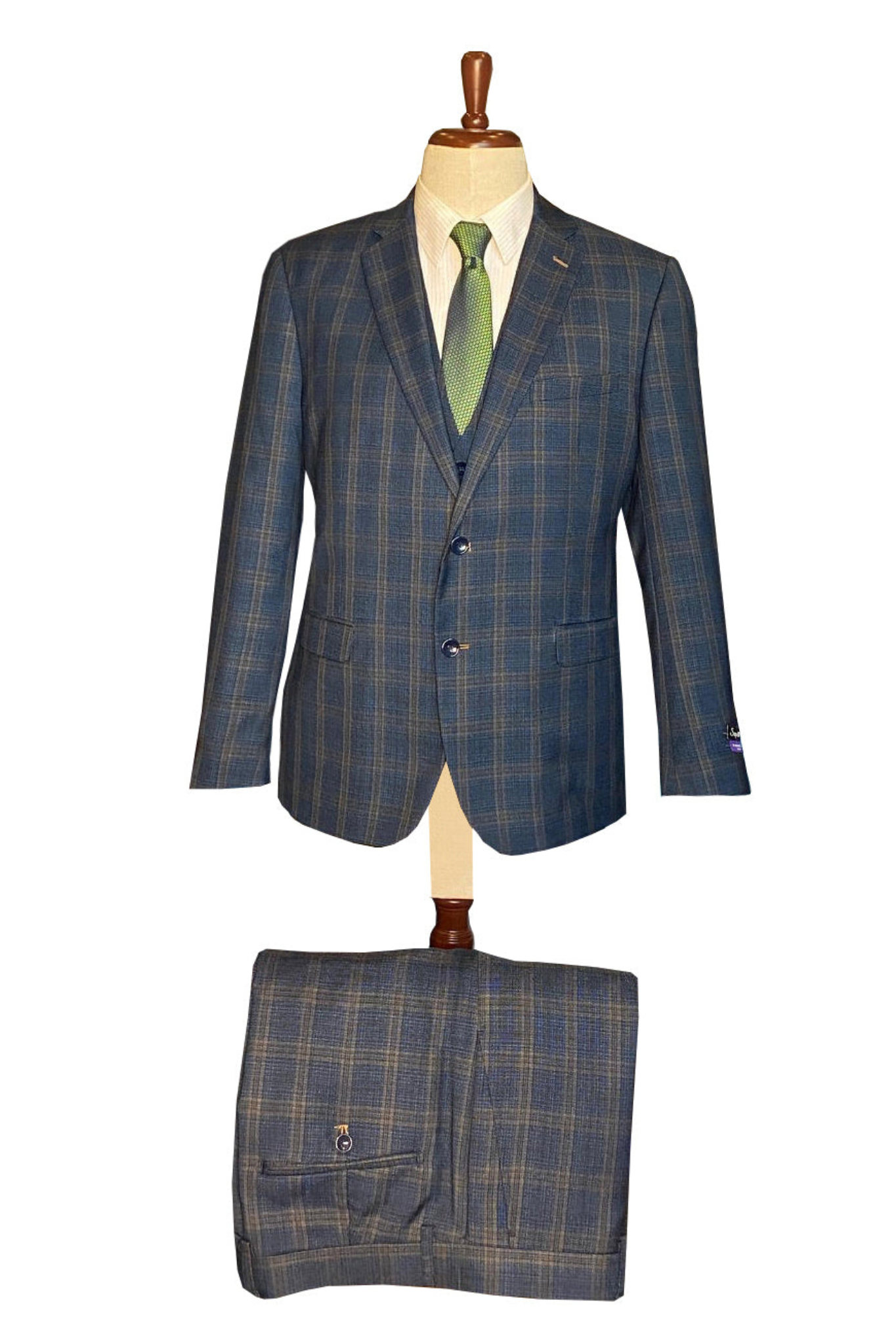 Pavarotti - 3piece Suit Navy & Taupe Plaid & Vest