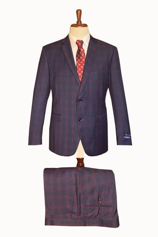 Pavarotti - 3 Piece Suit Navy Burgundy Plaid Vest