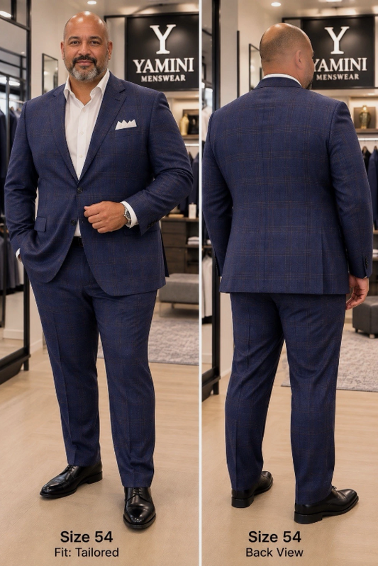 MENS 54L/48W single breasted Navy Plaid suit 2 piece, Classic Fit Formal Elegant