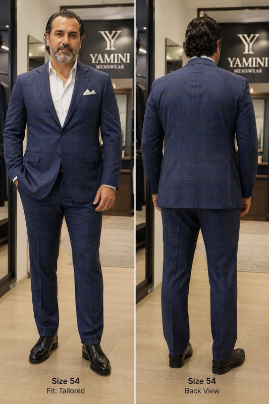 MENS 50R/44W single breasted Navy Windowpane 2 piece, Classic Fit Formal Elegant