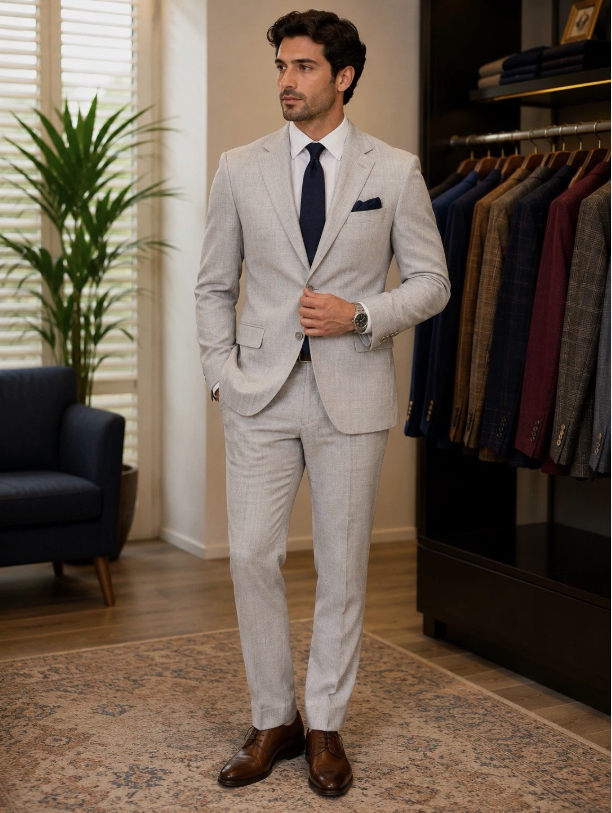 Giorgio Fiorelli Light Grey Suit 38R/32W 46R/40W Modern Fit 2 Button Formal