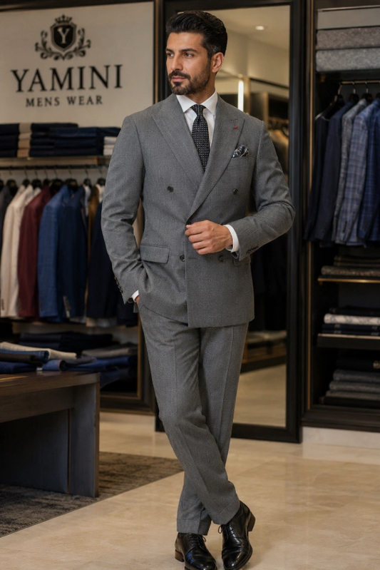 Gary fine sharkskin Suit 42R/36W Modern Fit double Breast 100%Wool