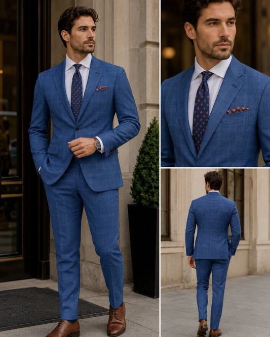 Blue Tic Slim Fit Suit Mens 2 Button Modern Business Formal 40R/42R