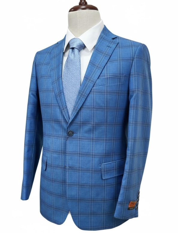 Premium 100% Wool Italian - Blue Windowpane Suit